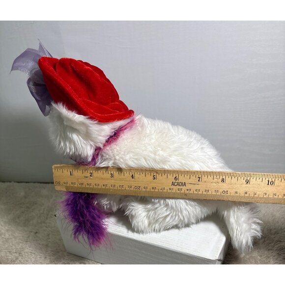 Ganz White Plush Cat Victorian Innocence Red Velvet Hat & Purple Feather Scarf - Picture 10 of 11